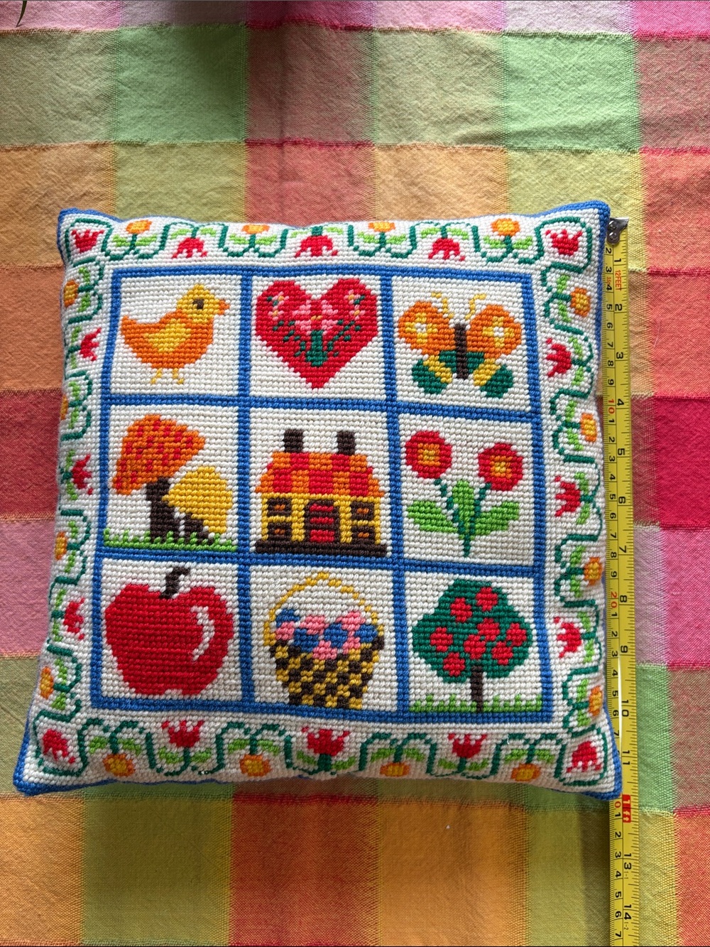 Colorful Needlepoint Patchwork Pillow - Floral & Farm Motifs